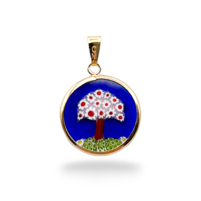 Pingente Murrina - ÁRVORE DA VIDA - 18 mm - OURO - Fundo azul