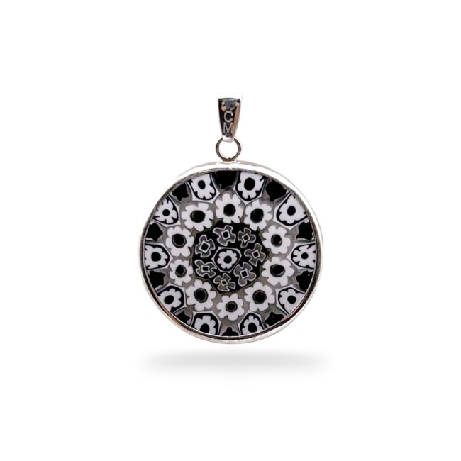 Pingente Murrina - BRANCO e PRETO Millefiori - PRATA - 23 mm