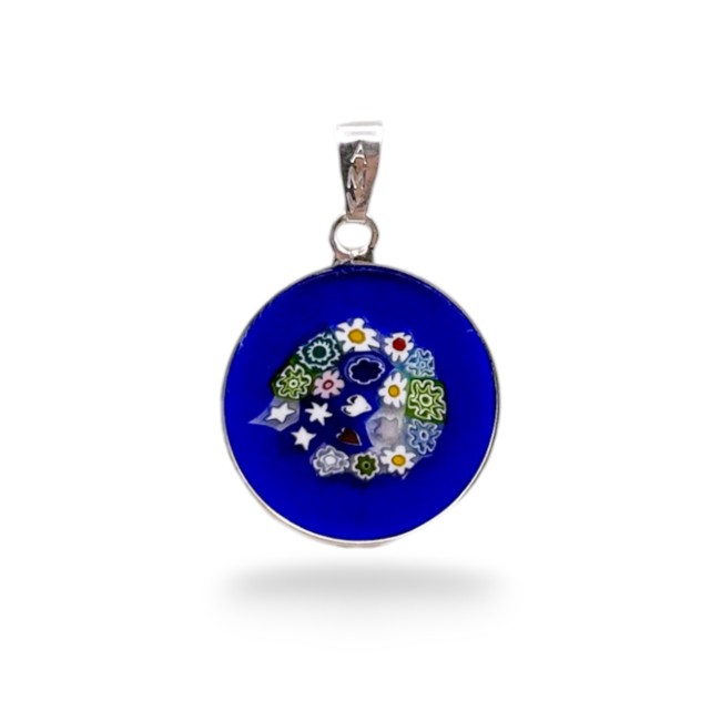 Murrina MILLEFIORI avec fond Bleu - ARGENT -18 mm