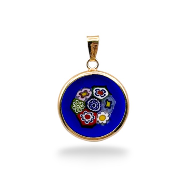 Colgante Murrina MILLEFIORI - Fondo azul - ORO -18 mm