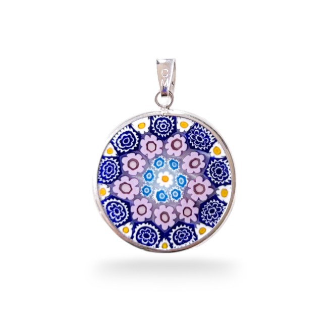 Murrina MILLEFIORI com flores rosa - PRATA -23 mm