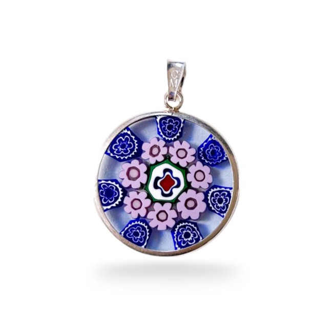 Murrina MILLEFIORI Flores rosa e azuis - PRATA -23 mm