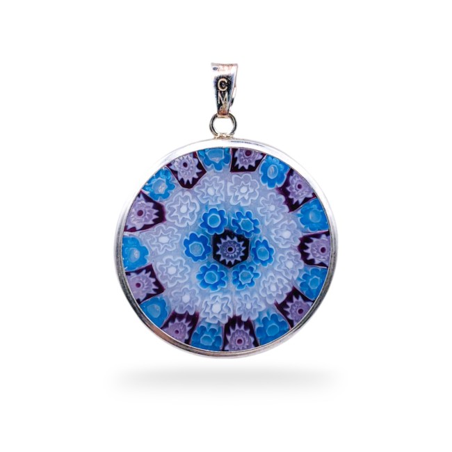 Murrina MILLEFIORI Flores azules y blancas - PLATA -26 mm