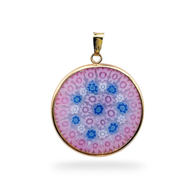 Murrina MILLEFIORI - Pink and blue flowers - GOLD -26 mm/1,02 inches