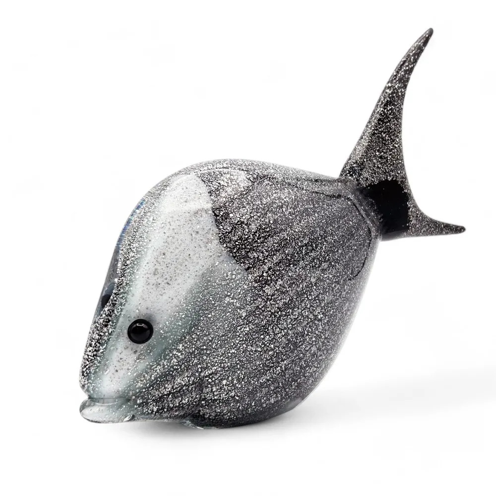 Pesci tropicali in vero Murano, scultura artistica, colore nero e grigio, decoro in polvere d'argento