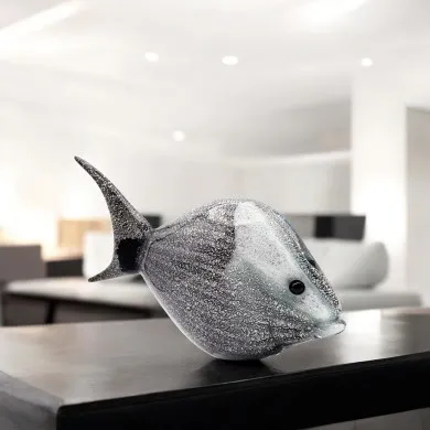 Tropical fish in real Murano, artistic sculpture, black and grey color, silver dust decoration
