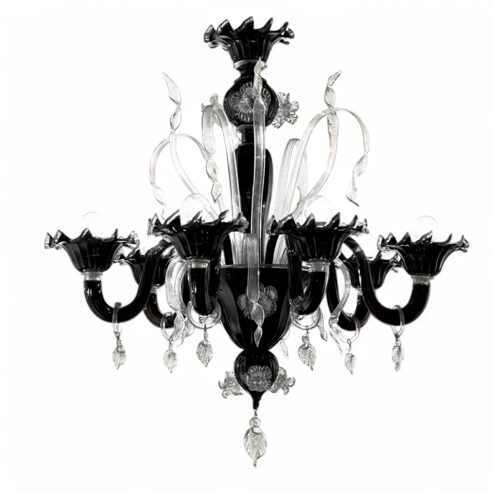 Lampadario artigianale, vetro di Murano, stile contemporaneo, decorazioni in cristallo, colore vetro pastello nero