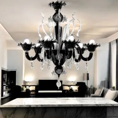 Handcrafted chandelier, Murano glass, crystal decorations, contemporary style, black pastel glass color