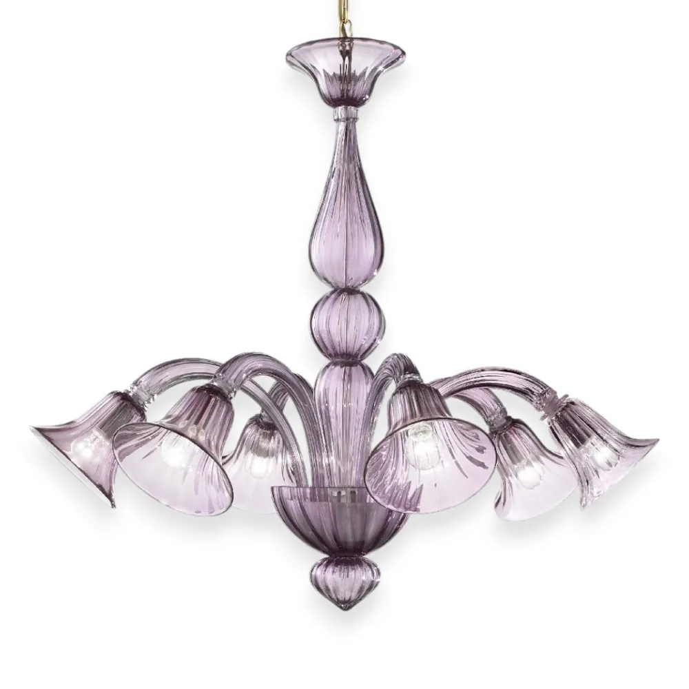 Lampadario contemporaneo in vetro di Murano, 6 luci, colore ametista