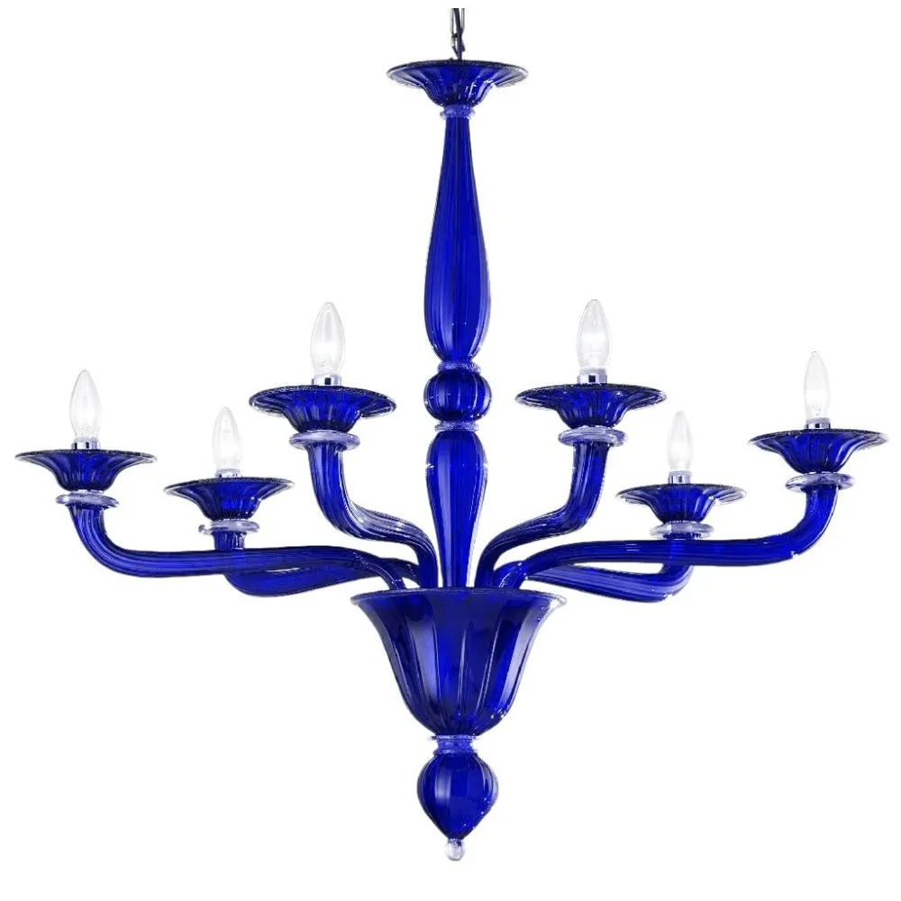 Lampadari vetro Murano, stile contemporaneo, 6 luci, colore blu, decorazioni in cristallo