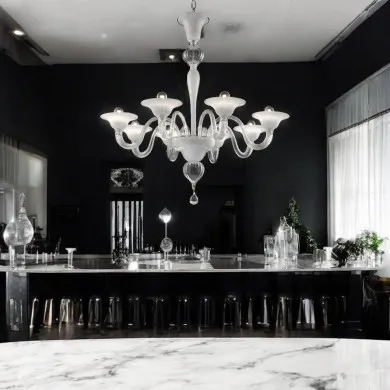 ELEGANTE | Lustre branco leite decorado com prata | Murano-Store