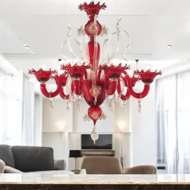 SAN MARCO | Red Chandelier with Gold Decoration | Murano-Store