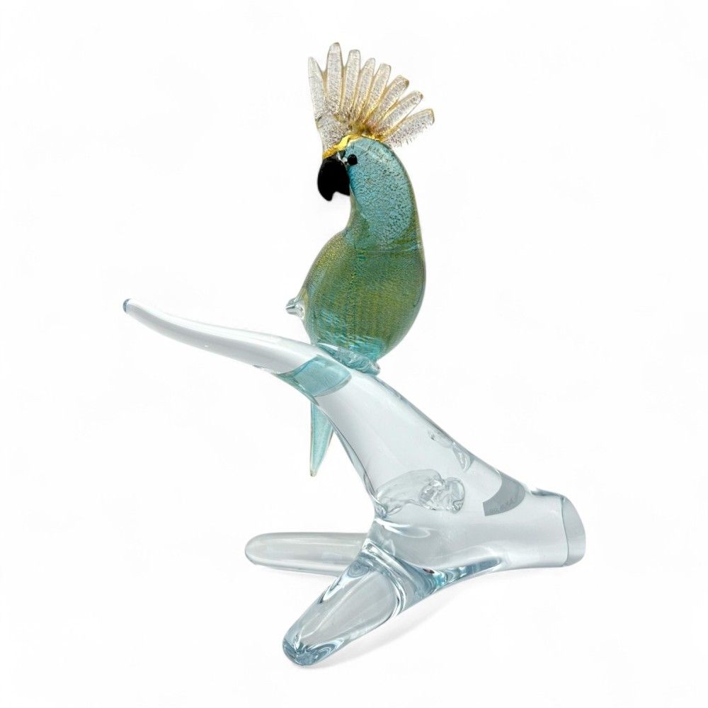 ROMEO | Loro de cristal Celeste con hoja de oro | Murano-Store