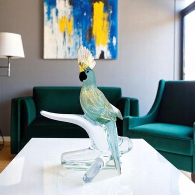 ROMEO | Loro de cristal Celeste con hoja de oro | Murano-Store