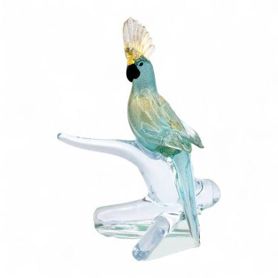 ROMEO | Loro de cristal Celeste con hoja de oro | Murano-Store
