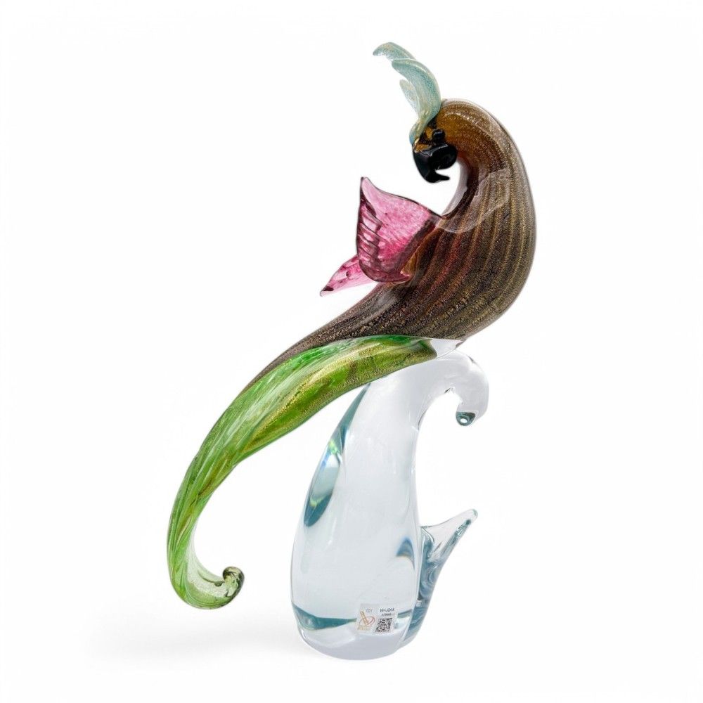 ALEX | Escultura de papagaio Âmbar e folha de ouro | Murano-Store