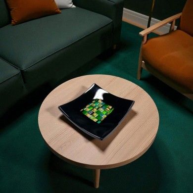 PITAGORA | Plato negro con mosaico verde y dorado | Tienda de Murano