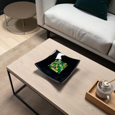 PITAGORA | Piattino Nero con Mosaico Verde e Oro | Murano Store