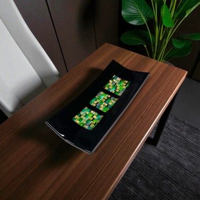 PITAGORA | Schwarzes Tablett mit grünem und goldenem Mosaik | Murano Store
