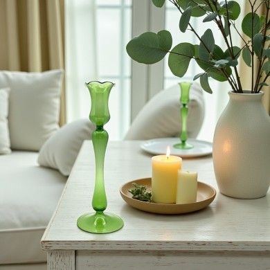 ROSALIA, portacandele alto in vetro soffiato verde | Murano Store