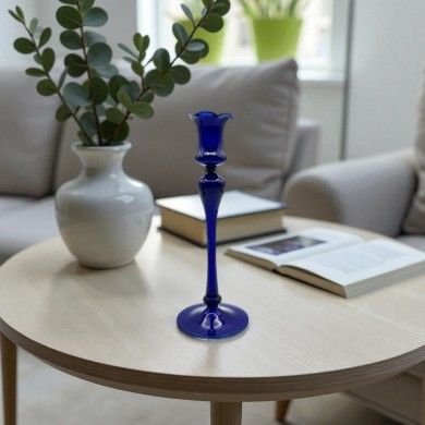 DALIA, tall blue blown glass candle holder | Murano Store