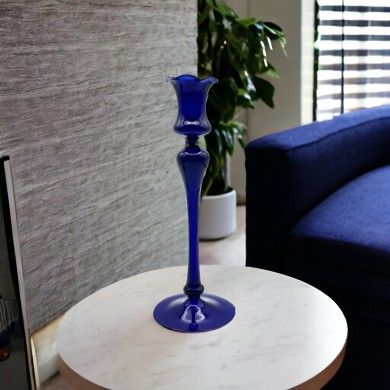DALIA, tall blue blown glass candle holder | Murano Store
