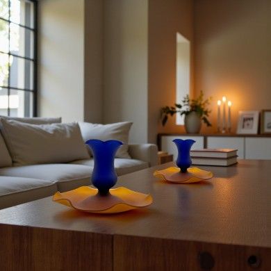 MALIA, porte-bougie en verre satiné bleu et ambre | Murano Store