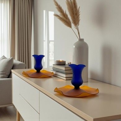 MALIA, porte-bougie en verre satiné bleu et ambre | Murano Store