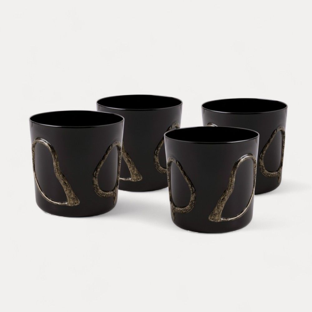 INCANTO | Set 4 Bicchieri in Vetro Soffiato Nero decorati in Oro