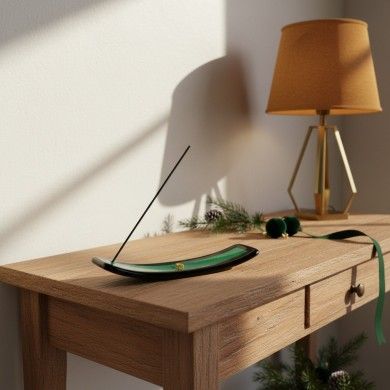 LUCE, porta incenso in vetro verde con foglia argento | Murano Store