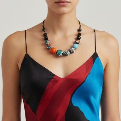 POLLOK | Elegant black, aquamarine and coral necklace | Murano Store