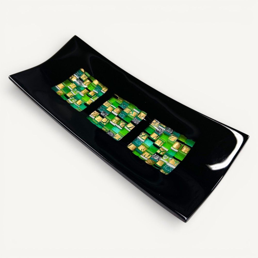 PITAGORA | Schwarzes Tablett mit grünem und goldenem Mosaik | Murano Store