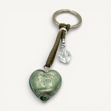 HEART - Key ring with colored Murano glass pearl and SILVER leaf