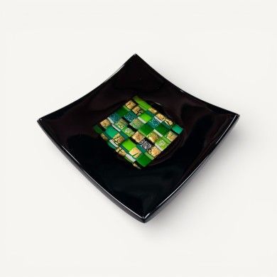 PITAGORA | Piattino Nero con Mosaico Verde e Oro | Murano Store