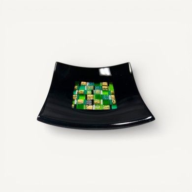 PITAGORA | Black Saucer with Green and Gold Mosaic | Murano Store
