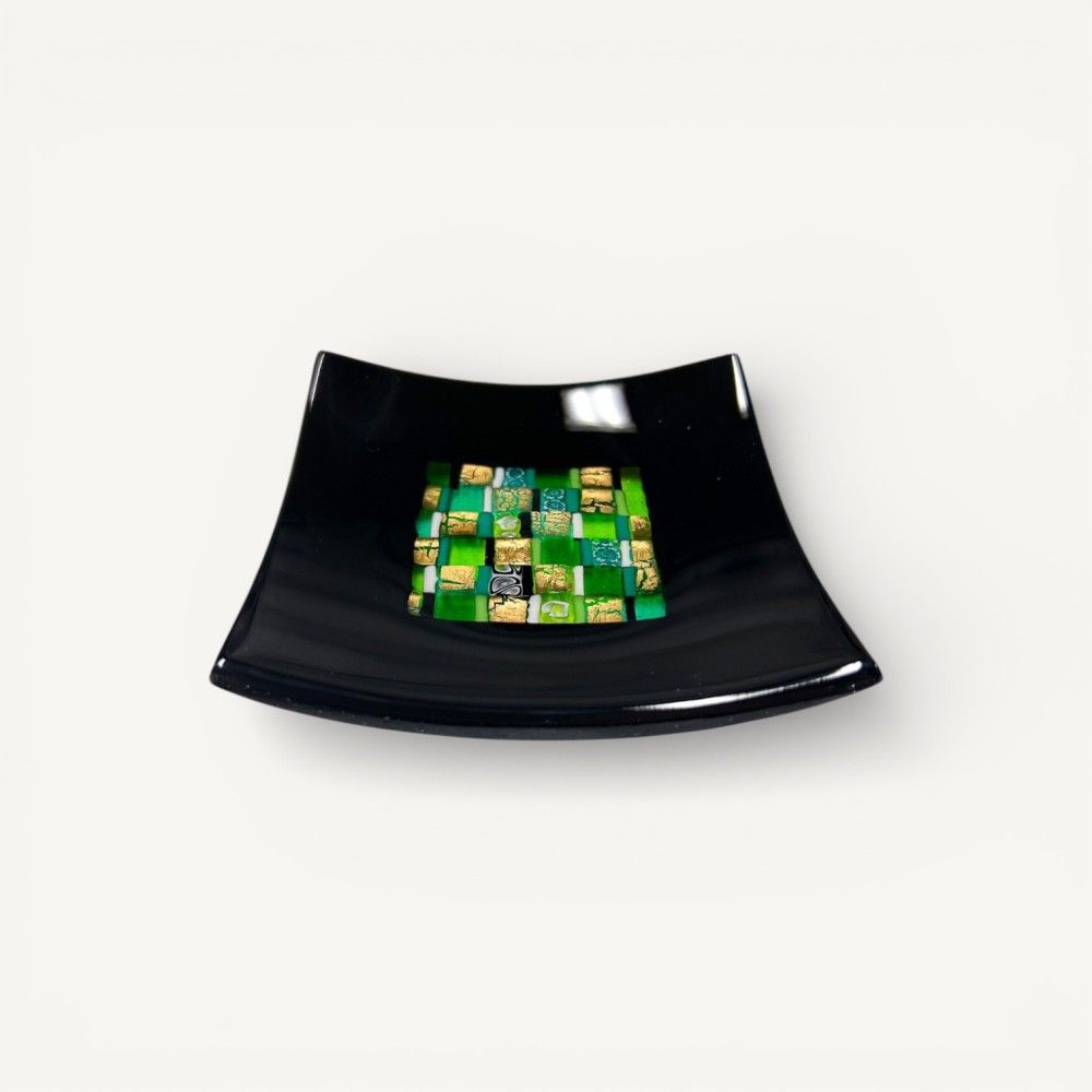 PITAGORA | Black Saucer with Green and Gold Mosaic | Murano Store