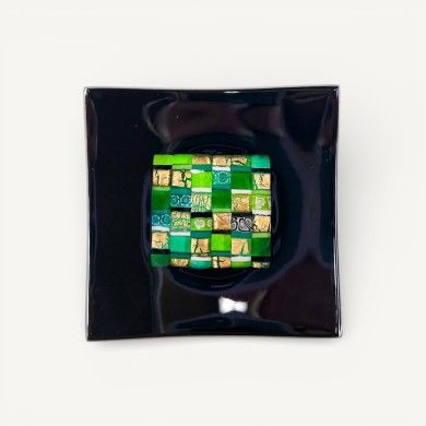 PITAGORA | Plato negro con mosaico verde y dorado | Tienda de Murano