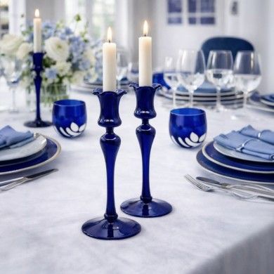 DALIA, hoher blauer mundgeblasener Glaskerzenhalter | Murano Store