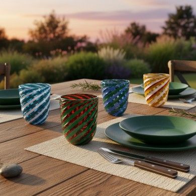RIVOLTO, Murano glass goblets with colorful spiral-twisted stems