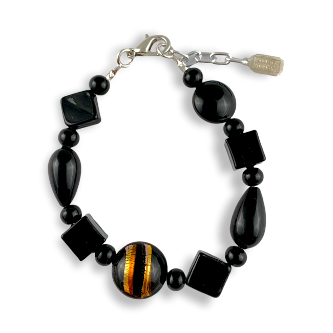 ÁFRICA - Pulsera con perlas de cristal de Murano negro decoradas con aventurina