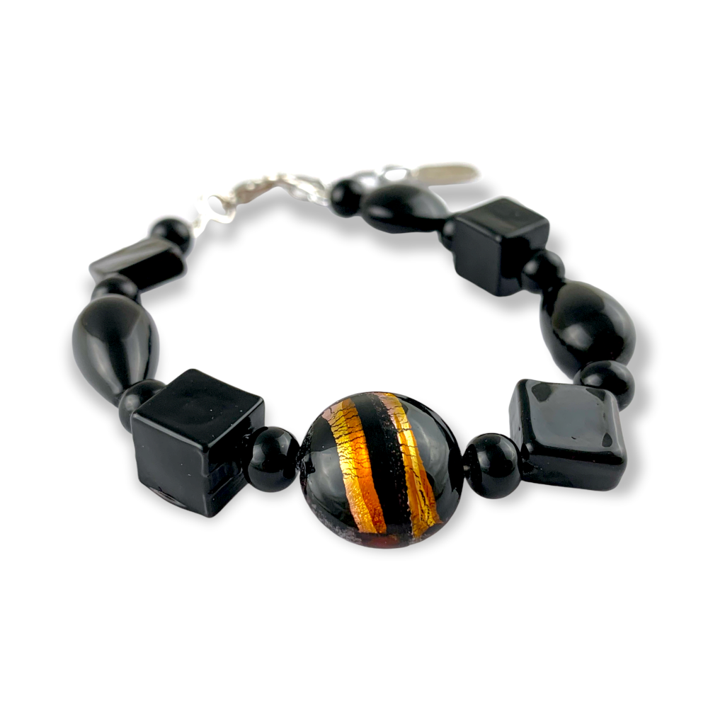 ÁFRICA - Pulseira com pérolas de vidro Murano preto decoradas com aventurina