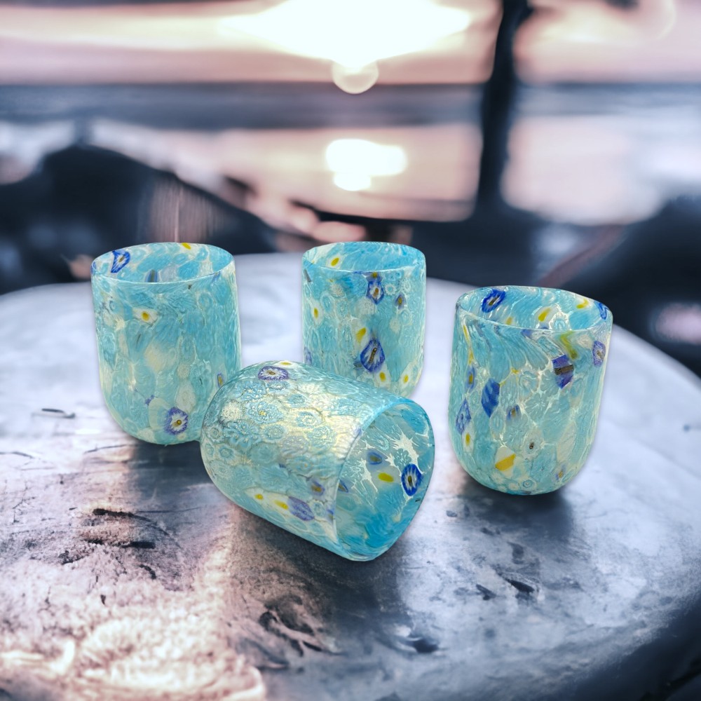 ALTINO - Set of 6 LIGHT BLUE glasses with gold and Murrine