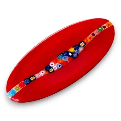 CASCATA - Kleines rotes ovales Tablett mit Murrine aus Muranoglas