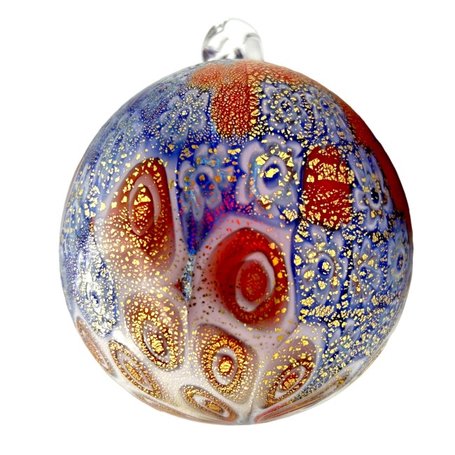 Bola de Natal - Vermelho e Azul 10 cm em OURO e MURRINE em vidro soprado Murano