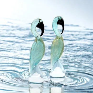 ARGO - Pair of WATER GREEN and GOLD leaf Flamingos in Murano glass