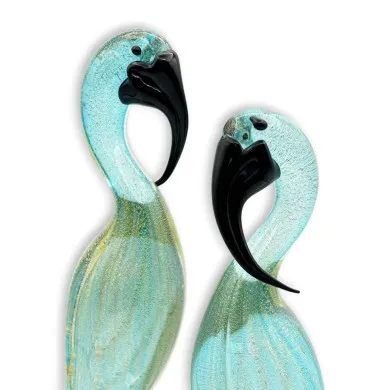 ARGO - Pair of WATER GREEN and GOLD leaf Flamingos in Murano glass