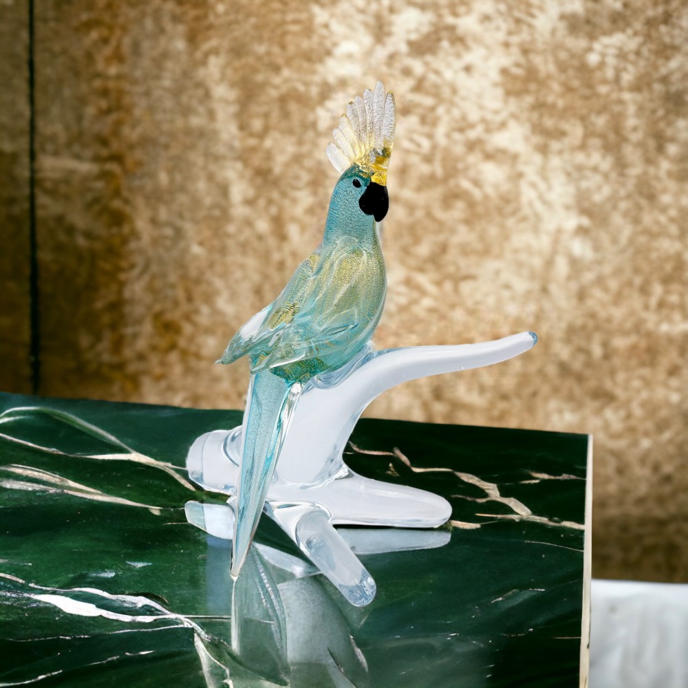 ROMEO - Loro Cacatúa VERDE AGUA y pan de ORO en cristal de Murano