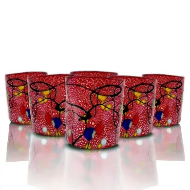 POLLOCK - Conjunto de 6 vasos ROJOS decorados con pan de PLATA en cristal de Murano