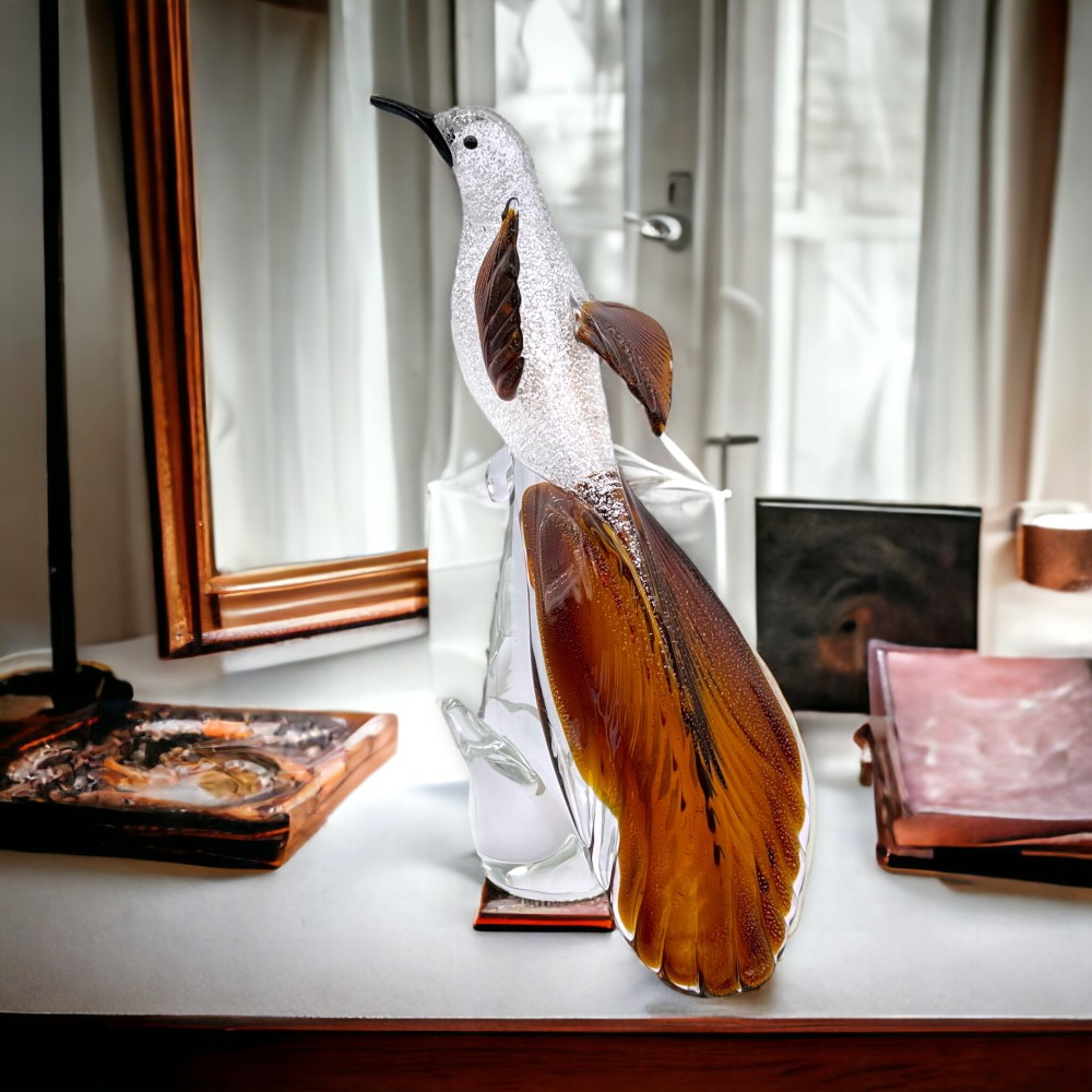 LORE - Sculpture animalière Colibri stylisé en verre de Murano décorée de feuille d'argent