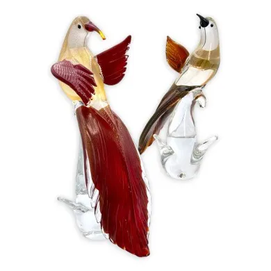 LORE – Paar stilisierte Kolibri-Skulpturen aus Muranoglas, verziert mit Blattgold und Silber